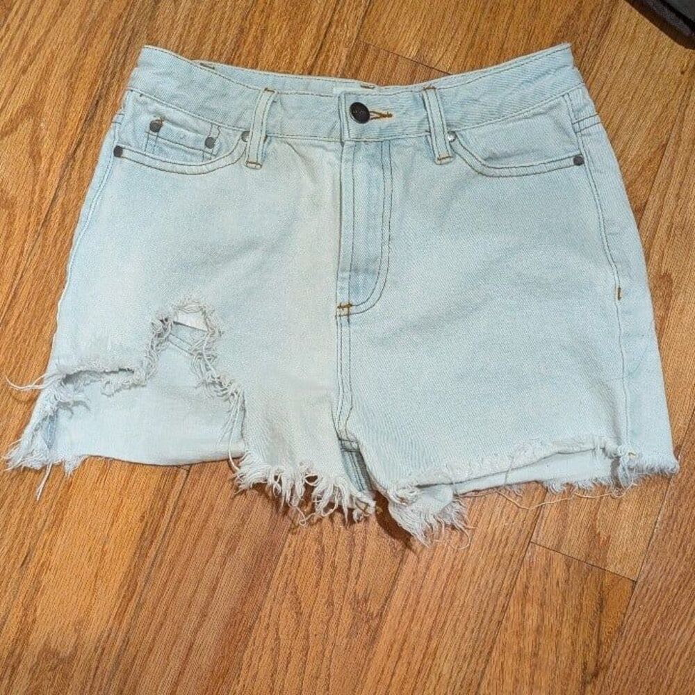 Y2K Distressed Cut Off Festival Coquette Light Rinse Denim Shorts - Evidnt LA 25